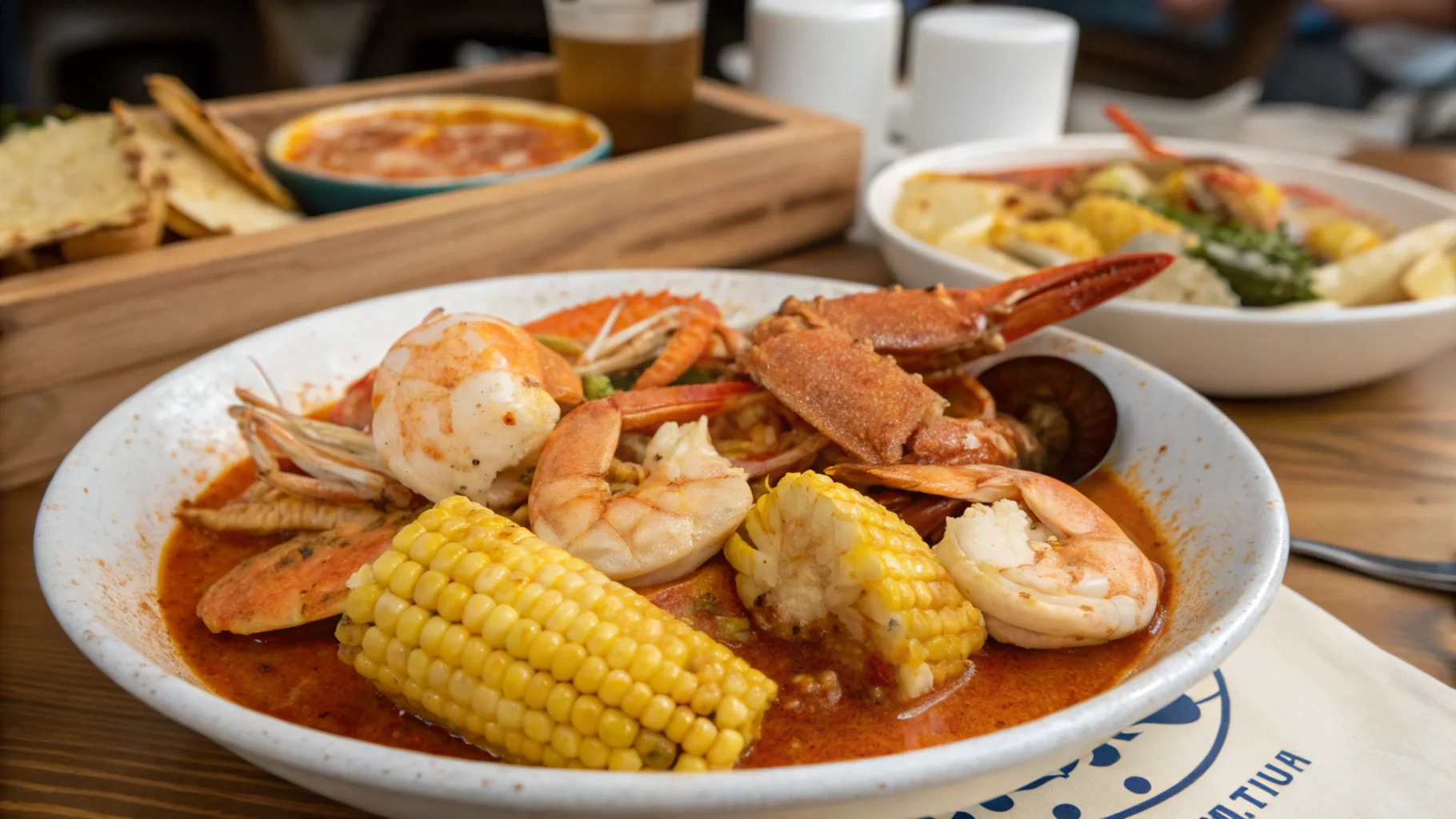 Close-up of a seafood boil sauce in a saucepan, featuring butter, garlic, spices, and herbs