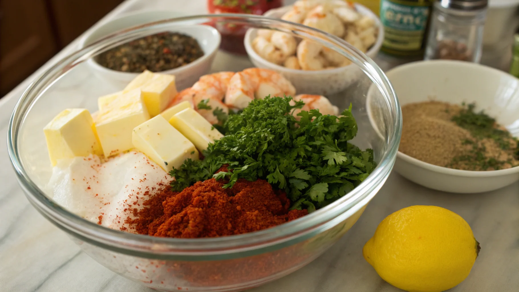 Close-up of a seafood boil sauce in a saucepan, featuring butter, garlic, spices, and herbs