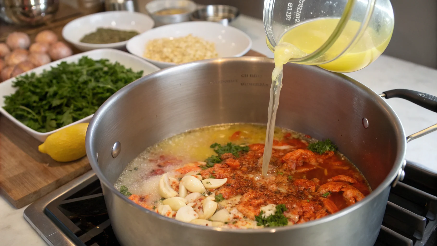 Close-up of a seafood boil sauce in a saucepan, featuring butter, garlic, spices, and herbs