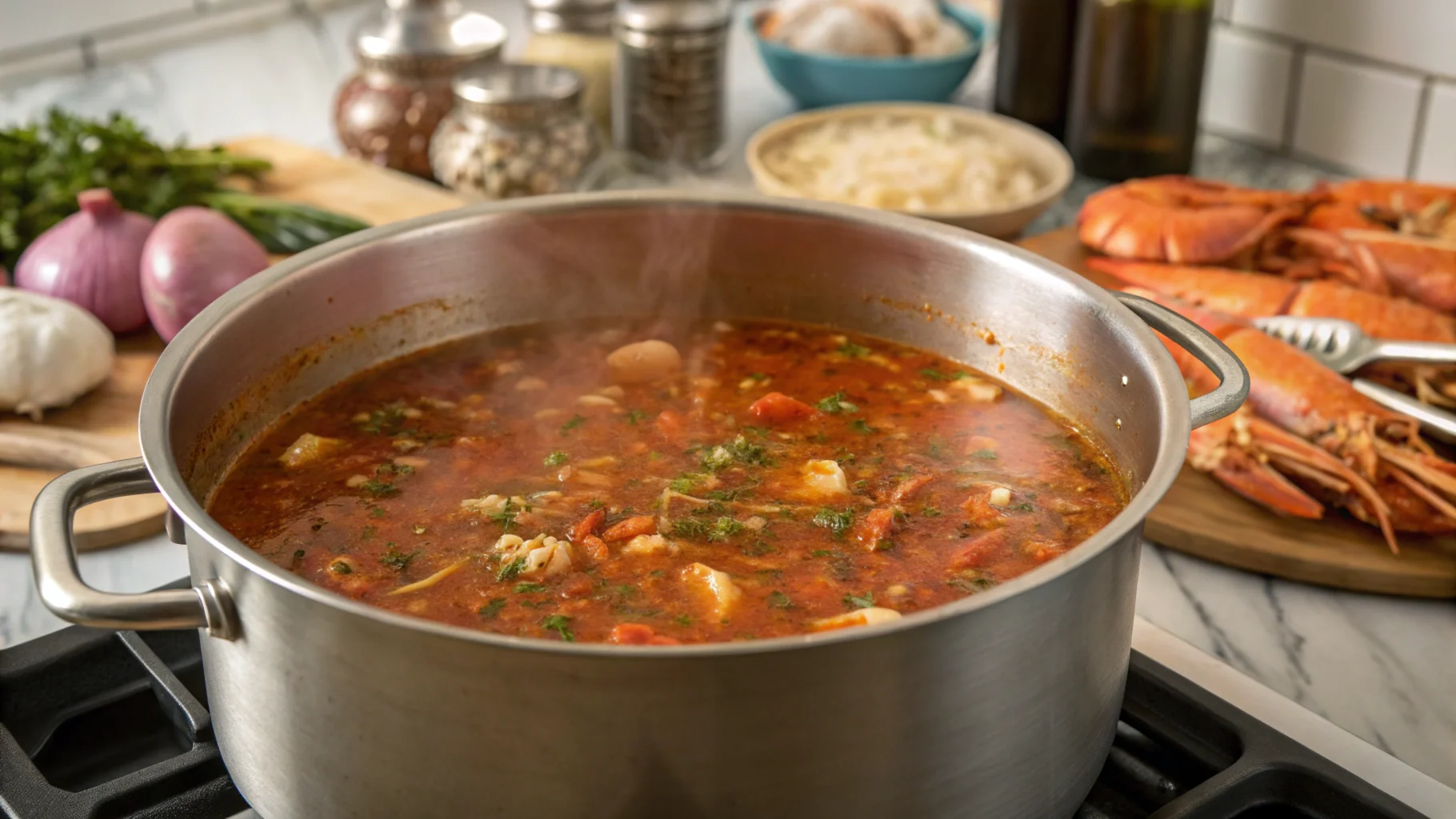 Close-up of a seafood boil sauce in a saucepan, featuring butter, garlic, spices, and herbs