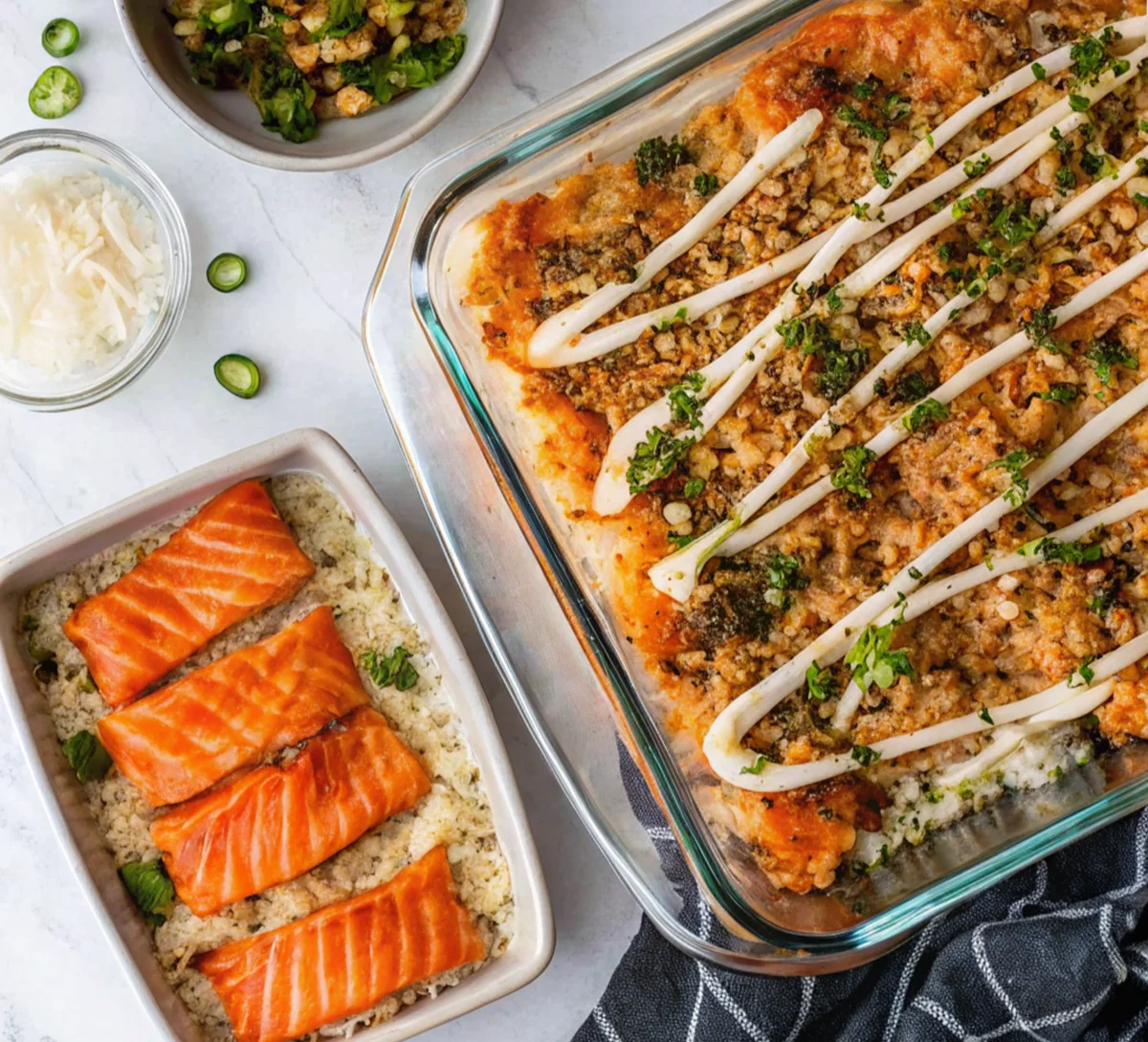 A homemade sushi salmon bake in a baking dish, topped with creamy mayo, sriracha, green onions, and sesame seeds, with nori sheets and chopsticks on the side for serving