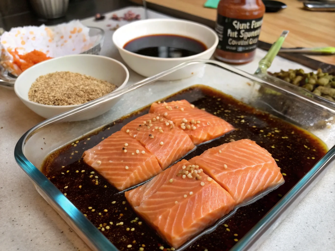 A homemade sushi salmon bake in a baking dish, topped with creamy mayo, sriracha, green onions, and sesame seeds, with nori sheets and chopsticks on the side for serving