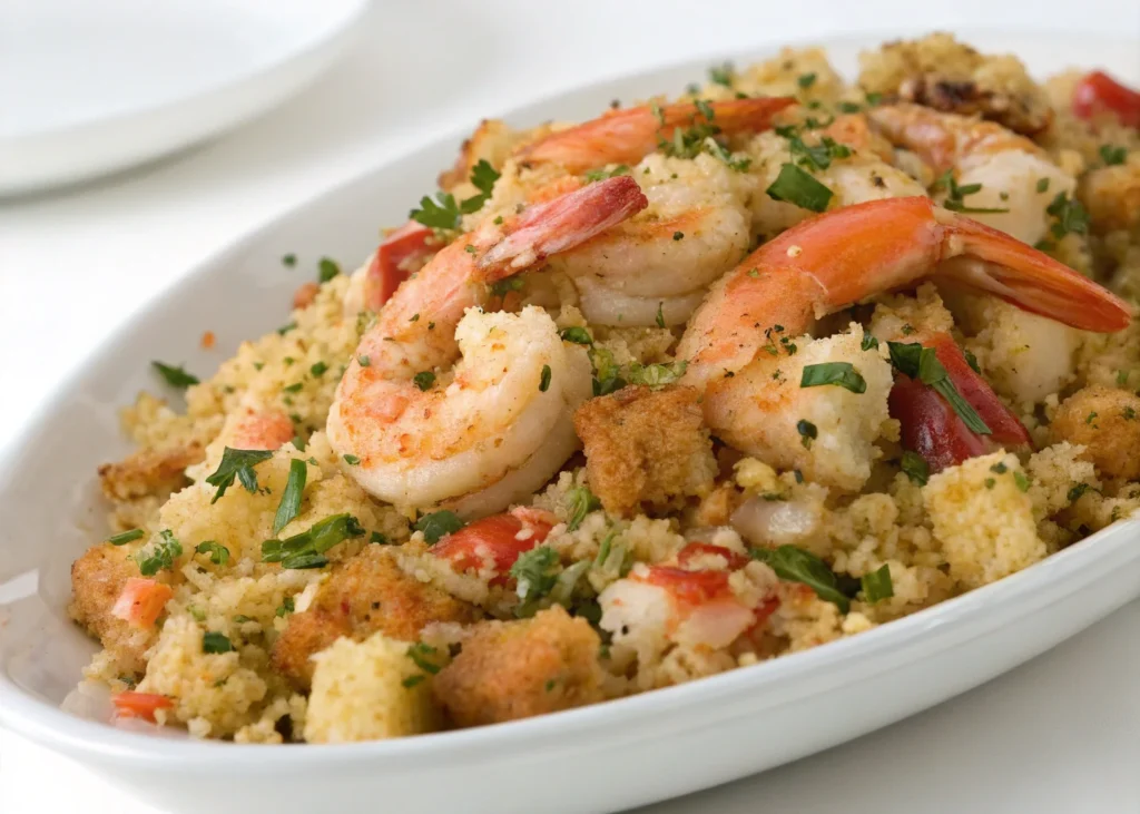 A delicious seafood stuffing recipe served in a baking dish, garnished with fresh herbs, perfect for holidays or special occasions