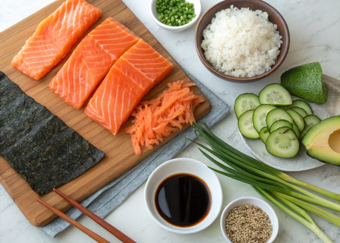 A homemade sushi salmon bake in a baking dish, topped with creamy mayo, sriracha, green onions, and sesame seeds, with nori sheets and chopsticks on the side for serving.