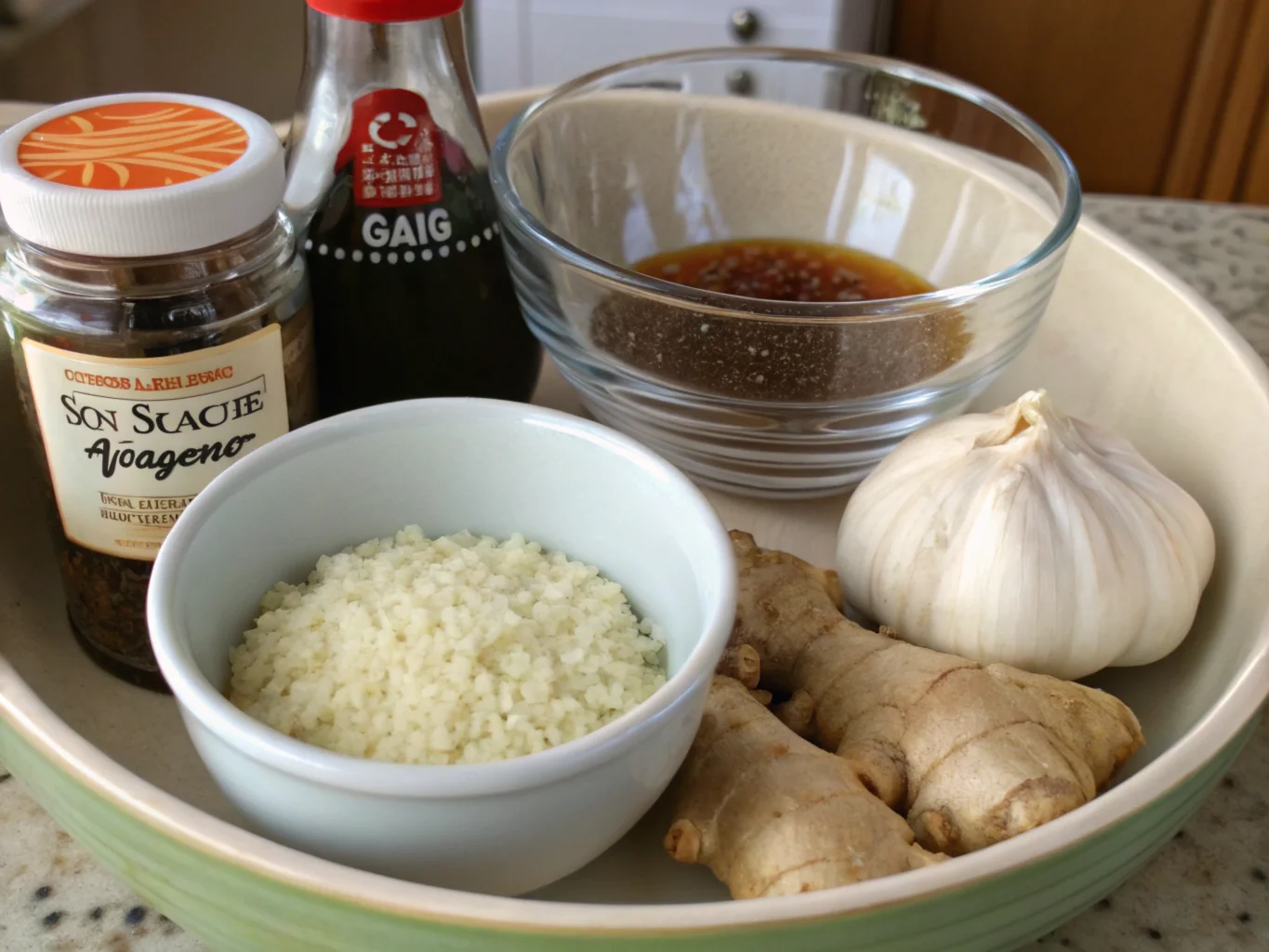 A homemade sushi salmon bake in a baking dish, topped with creamy mayo, sriracha, green onions, and sesame seeds, with nori sheets and chopsticks on the side for serving.